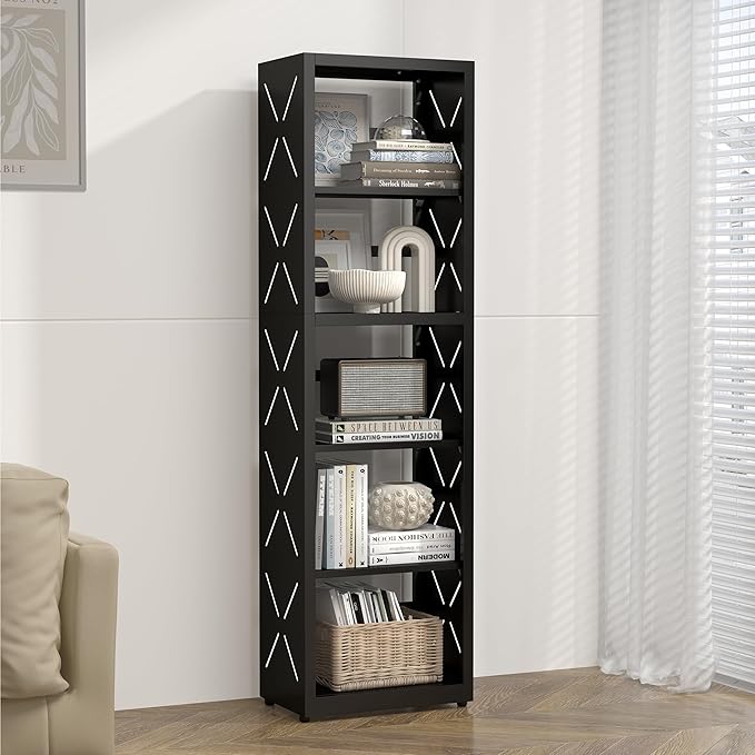 5 Tier Bookshelf, 55"Tall Metal Bookcase with Adjustable Shelves, Modern Display Book Shelf, Black Bookcase Shelf, Utility Shelf, Storage Shelves for Office, Living Room, Kitchen, Study-16"W