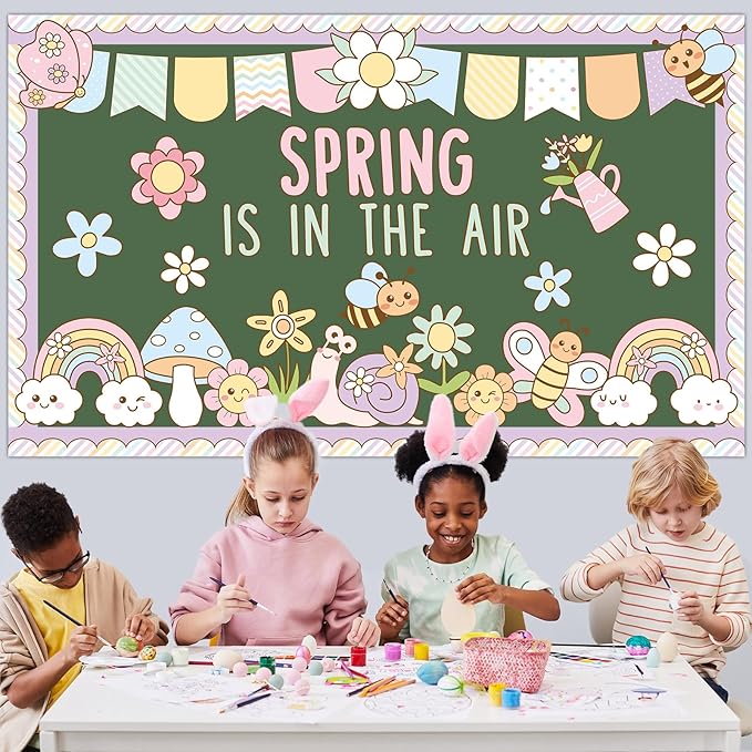 Spring Bulletin Board Decorations Set Spring is in The Air Bulletin Boarder Pastel Flower Butterfly Rainbow Paper Cutouts for Holiday School Classroom Home Office Chalkboard Window Wall Party Decor