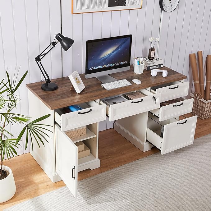 60" Farmhouse Executive Desk with Lock,Home Office Desk with Charging Station,Executive Desk with 4 Drawers & 1 Cabinet&1 File Cabinet for Office and Home