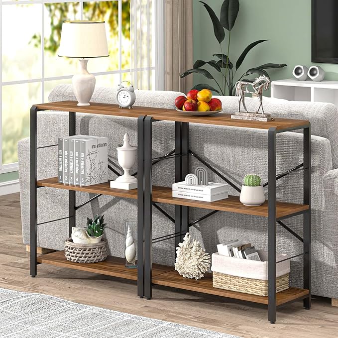 FOLUBAN Small Bookshelf, 3 Tier Rustic Book Shelf with Storage, Industrial Low Short Bookcases for Office, Bedroom and Living Room, Rustic Walnut