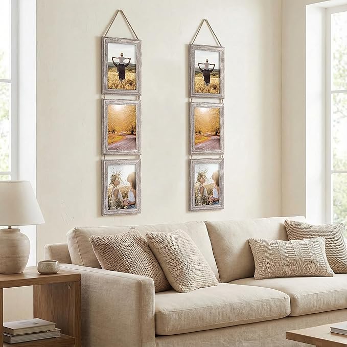 Lavezee 4x6 Collage Hanging Triple Picture Frames Set, Rustic 6 Opening Vertical Frame Made to Display 4 by 6 Inch Photo Postcard for Wall Decor