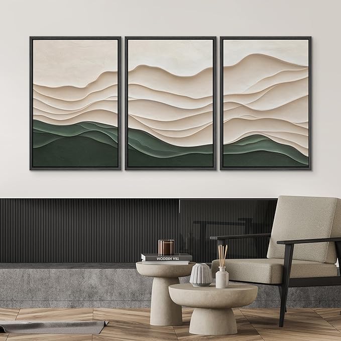 SIGNWIN Framed Canvas Print Wall Art Set Textured Paper Cut Landscape Beige and Green Minimalist Illustrations Modern Art Rustic Scenic Relax/Calm for Living Room, Bedroom, Office - 16"x24"x3 Black