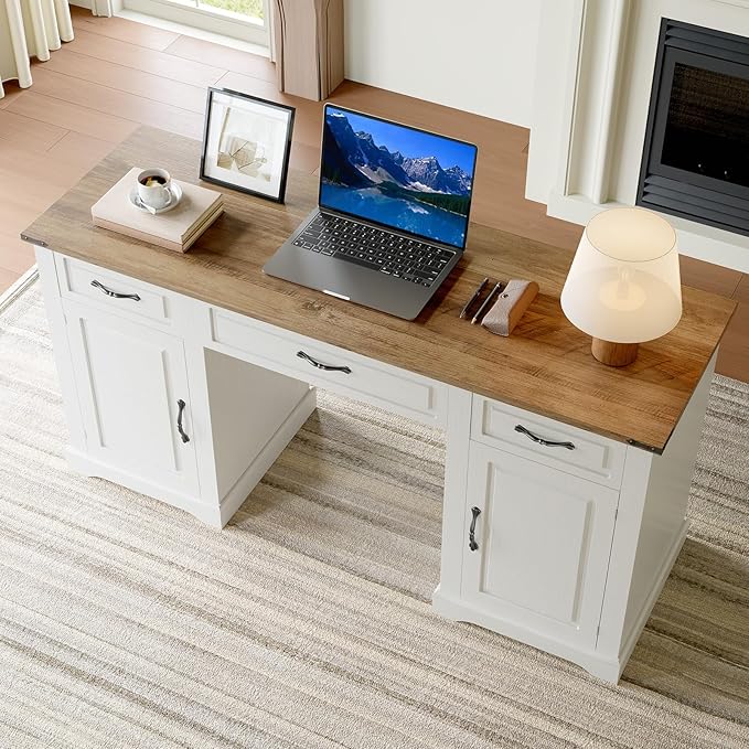 IDEALHOUSE 60" Farmhouse Executive Desk with Drawers, Wood Home Office Desk with Storage Cabinet, Rustic Computer Writing Desks for Home, Study, Work, Antique White