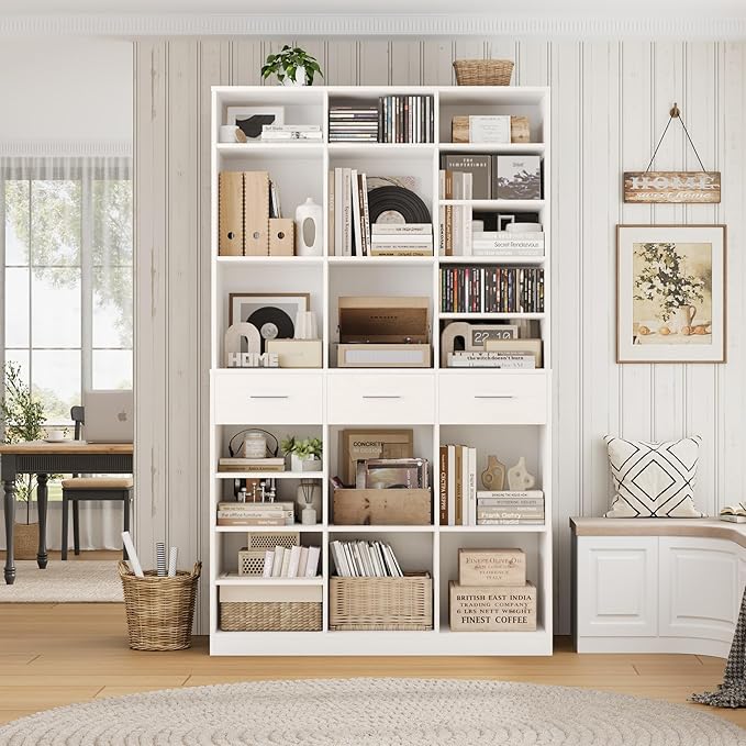 HOSTACK 75" Tall Book Shelf and Bookcase, 47" Wide Bookshelf with Drawers, Modern 9 Tier Bookcase with Storage, Large Wood Display Cabinet with Adjustable Shelves for Living Room, Home Office, White