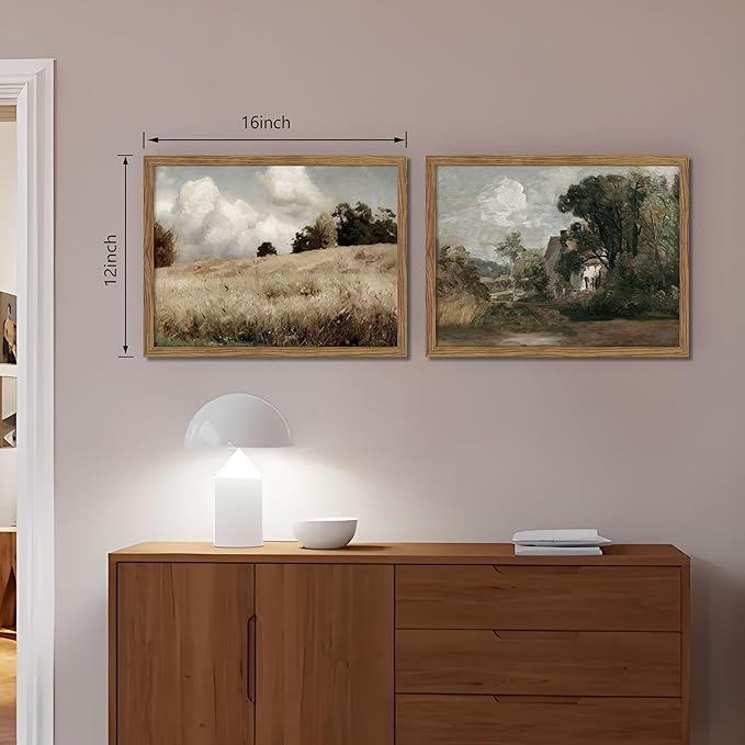 Framed Vintage Landscape Wall Art Set of 2, Rustic Farmhouse Field Canvas Wall Decor Paintings, Retro Nature Country Artwork Prints Pictures for Living Room Bedroom Home Decor 12x16 Inch