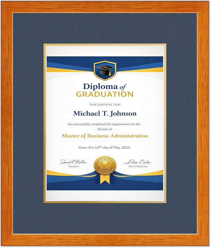 Diploma Frame Honey Oak with Navy Blue Over Gold Double Mat - Fits 10 x 13 College Diploma (Portrait Traditional) Wall Display Made in the USA