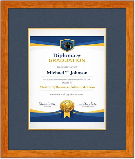 Diploma Frame Honey Oak with Navy Blue Over Gold Double Mat - Fits 10 x 13 College Diploma (Portrait Traditional) Wall Display Made in the USA