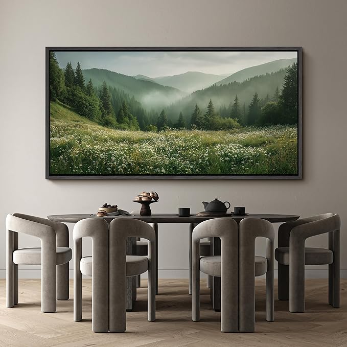 SIGNFORD Extra Large Framed Canvas Print Wall Art Misty Green Valley Meadow Landscape Illustrations Modern Art Calm Warm for Living Room, Bedroom, Office - 60"x30"