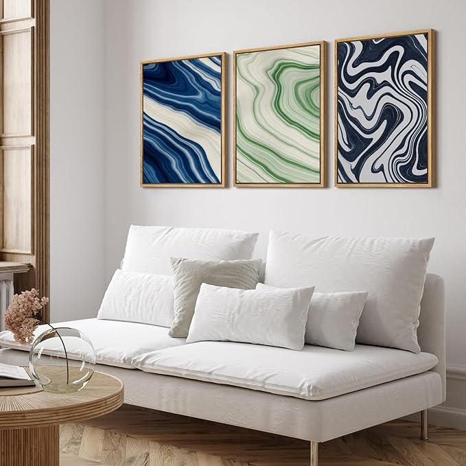 SIGNFORD Framed Wall Art Print Set Blue and Green Marble Swirl Abstract Bold Digital Art Modern Art Contemporary for Living Room, Bedroom, Office - 16"x24"x3 NATURAL