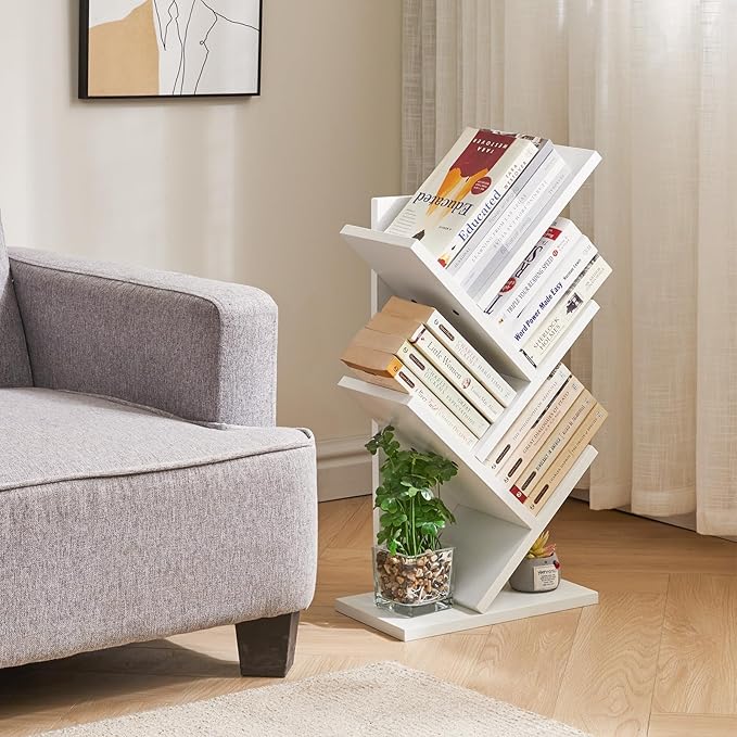 YMYNY 4 Tier Tree Bookshelf, Small Bookcase, Modern Wood Book Storage Rack, Freestanding Book Shelf for Books/Movies/CDs, Narrow Display Rack for Living Room, Home Office, White UHBC014W