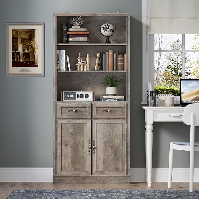 70.1" Tall Bookshelf with Drawers & Cabinet, 5-Tier Floor Standing Bookcase with Storage Doors, Adjustable Shelves & Metal Handles, 31.5" Wide Organizer for Home Office, Living Room