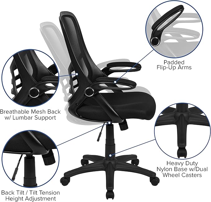 Flash Furniture Porter High Back Black Mesh Ergonomic Swivel Office Chair with Black Frame and Flip-up Arms