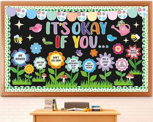 Spring Mental Health Bulletin Board Set Bloom Flower Classroom Decoration Inspirational Positive Affirmations Station Bulletin Board Cutouts for Motivational Office School Home Chalkboard Wall Decor