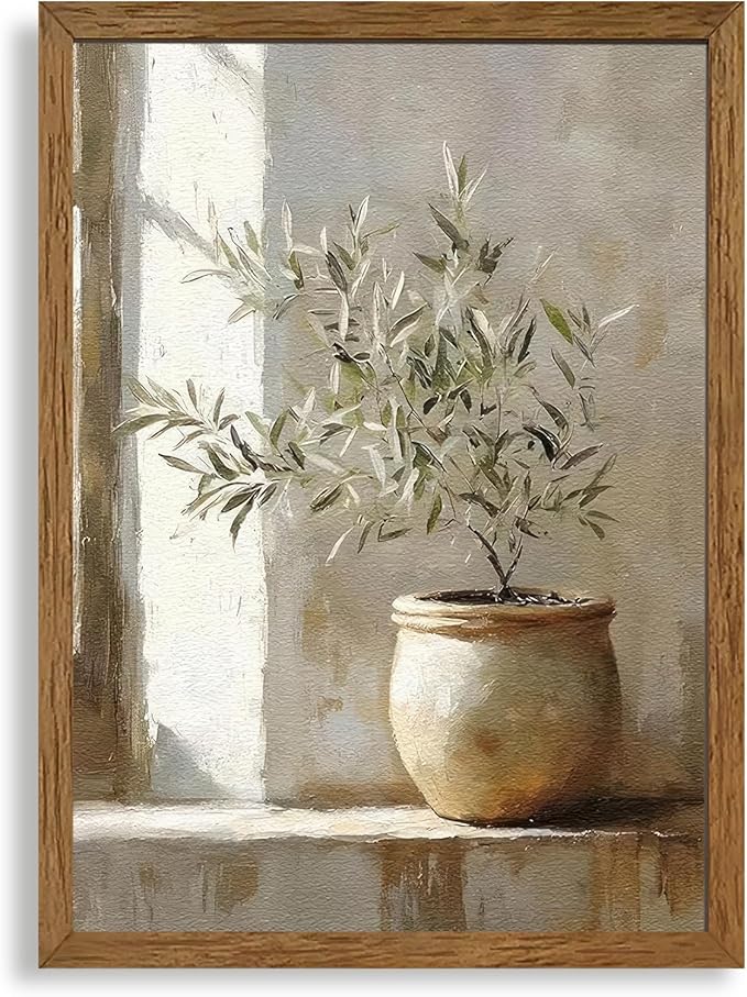 AVECCO Framed Vintage Olive Botanical Tree Canvas Wall Art, Rustic Farmhouse Wall Decor, Unique Plant Art Prints for Bathroom Bedroom Living Room Office Home Kitchen Decoration Ready to Hang 16x24 In