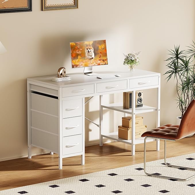 Sweetcrispy 47" Computer Desk with 6 Drawers, Home Office Gaming Desks with Storage Shelves for Bedroom, Writing Study Corner Living Room Work Table White