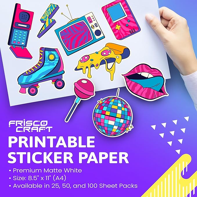 Frisco Craft Premium Printable Vinyl Sticker Paper for Inkjet Printers - Matte, 8.5" x 11" (A4) - Water-Resistant, Durable, Easy-Peel Sheets for Custom Labels, Decals, & Stickers (25 Sheets)