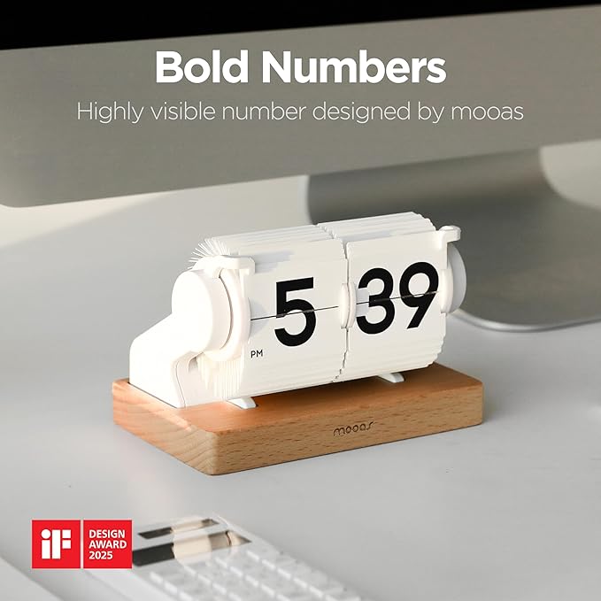 mooas Automatic Mini Flip Clock, Retro Vintage Automatic Flip Desk Clock, Timer Calendar Alarm, Snooze, Desk Clock Large Number USB-C Rechargeable, Ideal for Home Office School Hotel Café (White)