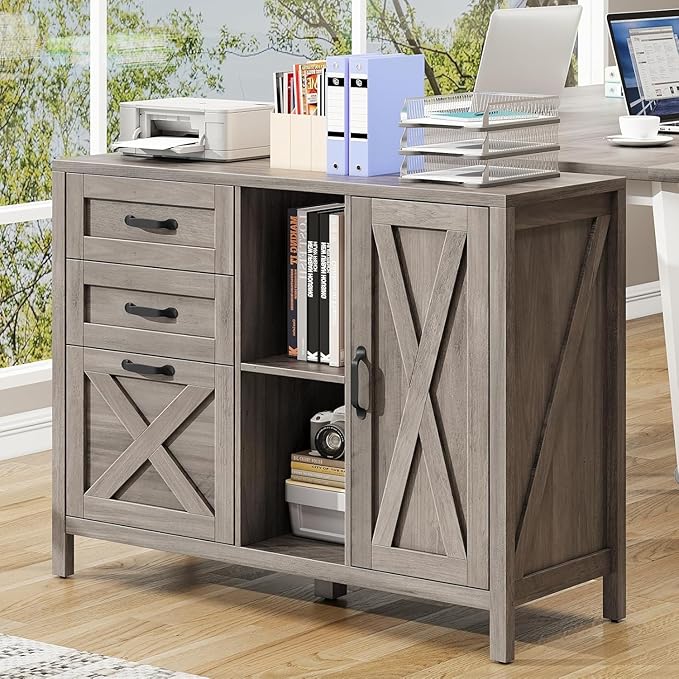 Vabches Lateral File Cabinet, Farmhouse 3 Drawer File Cabinet with Open Storage Shelf for Letter/A4/Legal Size Hanging Files, Large Wood Storage Cabinets Printer Stand for Home Office, Grey