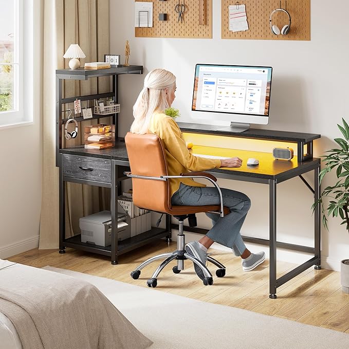 EnHomee 40" Gaming Desk with Power Outlets & LED Lights, Computer Desk with Drawer & Storage Shelve, Home Office Desk with Monitor Stand for Living Room, Study Room, Gaming Room, Black