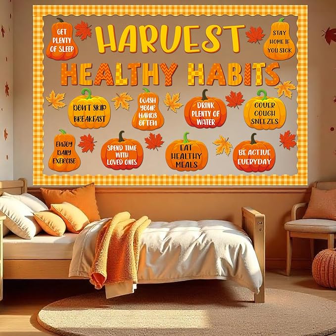 Fall Pumpkin Healthy Bulletin Board Decorations Autumn Pumpkin Health Theme Paper Cutouts Fall Healthy Habits Bulletin Board Border Set for School Chalkboard Wall Decor Supplies