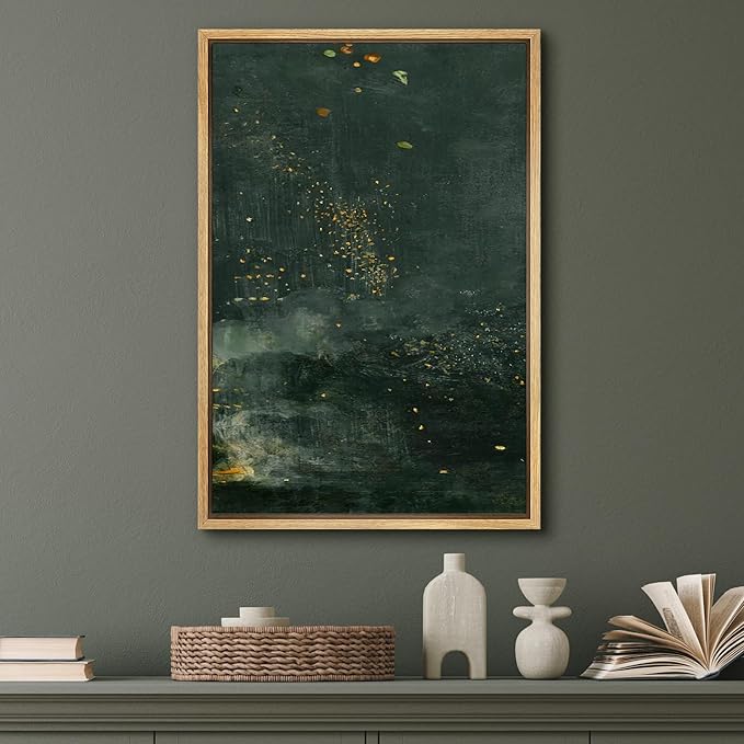 SIGNFORD Framed Canvas Print Wall Art Starry Night Flora Abstract Plant with Gold Accents Dark Green Botanical Illustrations Decorative Zen for Living Room, Bedroom, Office - 16"x24" Natural