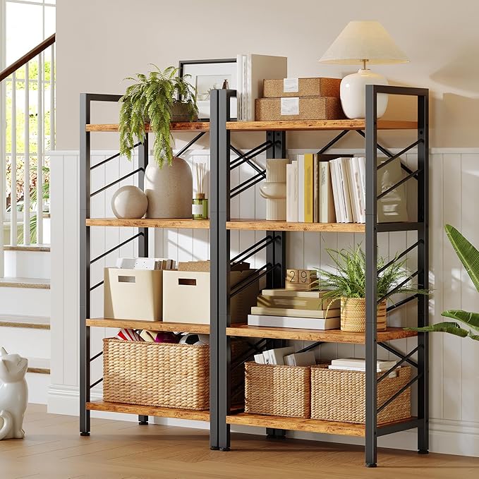 2 Pieces 4 Tier Bookshelf, Industrial Bookcase with Metal Frame and Sidebars, Small Bookshelf for Bedroom, Home Office and Living Room, Rustic Brown