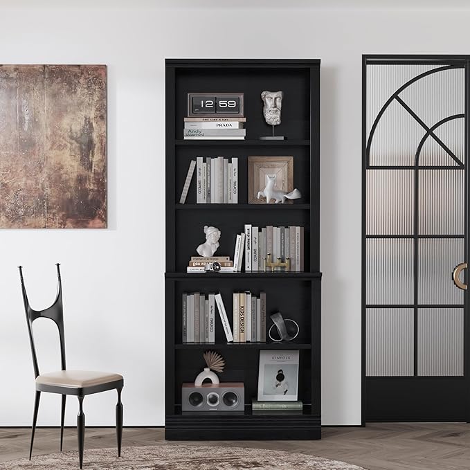 72 in Tall Bookcase, Black 31.3 in Wide Floor Standing Bookshelf, 5 Tier Large Floor Standing Display Storage Shelves with Adjustable Shelves for Living Room Hallway Home Office Bedroom