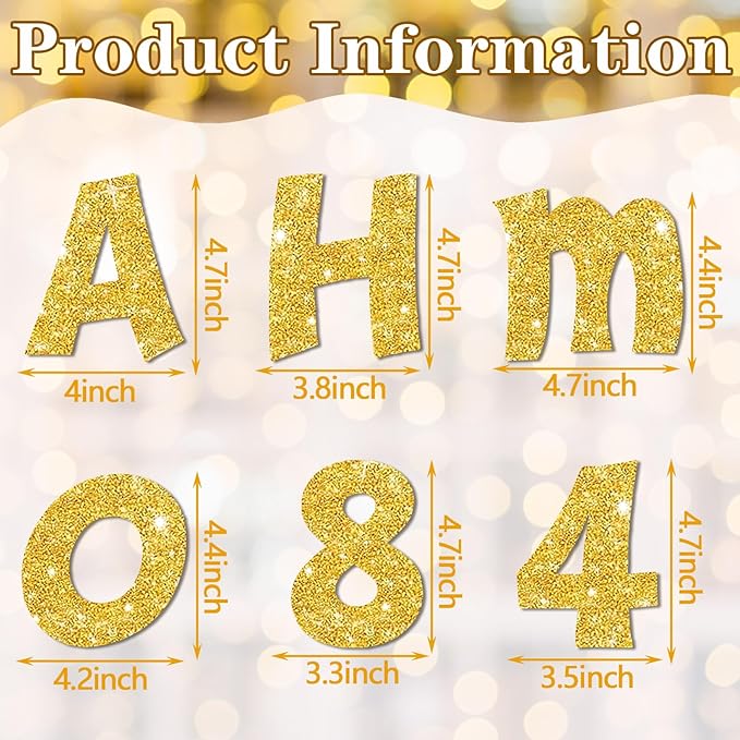 Colarr 216 Pcs Glitter Bulletin Board Letters for Classroom Number Alphabet Punctuation Symbol Cutout 4'' Die-Cut Poster Letter with Adhesive Dot School Party Holiday Decor Display(Gold)