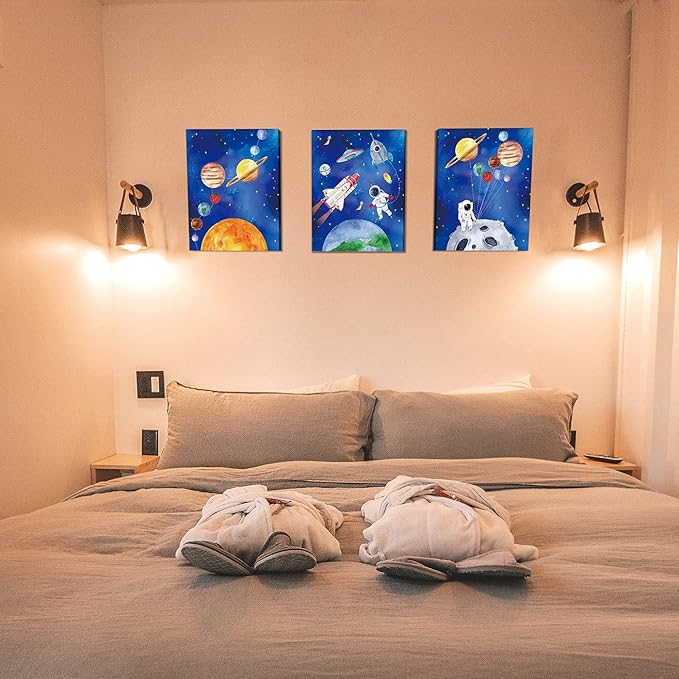 CHDITB Framed Outer Space Art Prints Cartoon Watercolor Planet Wall Art Set of 3 Pieces (11.8x15.6inch), Universe Theme Canvas Painting, Spaceship, Astronaut For Kids Room Nursery Decor-Ready to Hang