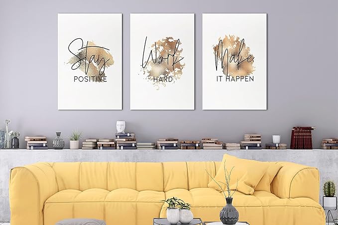 SHMAO Brown Office Canvas Wall Art Motivational Wall Decor, 3 Piece Stay Work Make Print Pictures for Office Wall Decor Women Inspirational Framed Artwork Home Office Decor 20”x30”x3 Panels