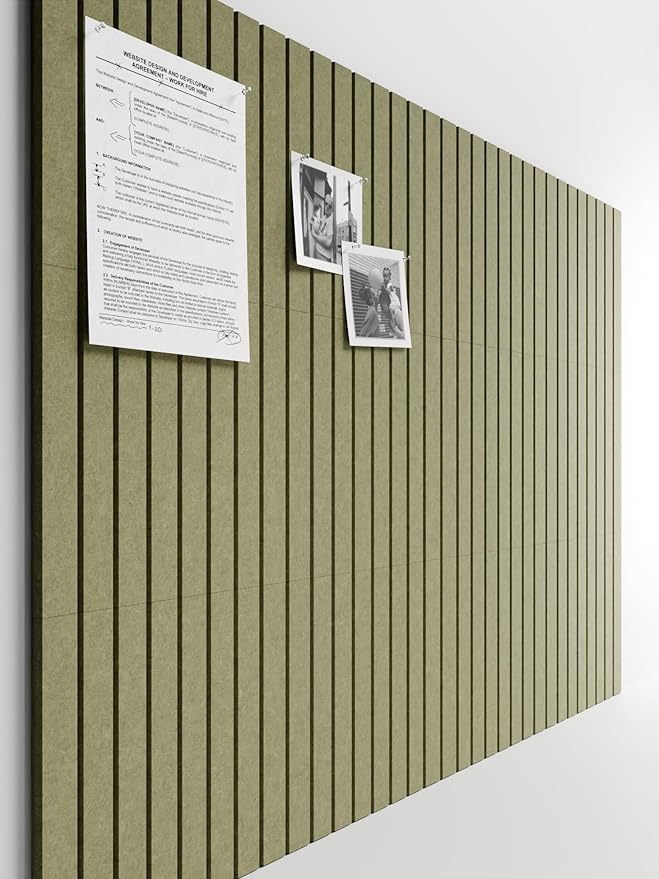 Bumusty Large Cork Board Alternative-48 x 36" Felt Bulletin Board Tiles, with 30 Pushpins, 70 Adhesive Tabs, 12-Pack Slat Wall Paneling, Cork Boards for Office Push Pin Board Felt Board-Olive Green