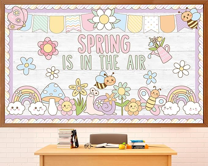 Spring Bulletin Board Decorations Set Spring is in The Air Bulletin Boarder Pastel Flower Butterfly Rainbow Paper Cutouts for Holiday School Classroom Home Office Chalkboard Window Wall Party Decor