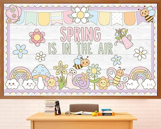Spring Bulletin Board Decorations Set Spring is in The Air Bulletin Boarder Pastel Flower Butterfly Rainbow Paper Cutouts for Holiday School Classroom Home Office Chalkboard Window Wall Party Decor