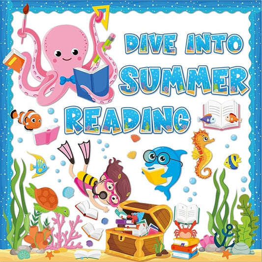gisgfim Under The Sea Bulletin Board Decorations Classroom Dive Into Reading Summer Ocean Bulletin Board Borders Sea Animal Fish Treasure Box Cutouts Decor for School Library Chalkboard Wall(Ocean)