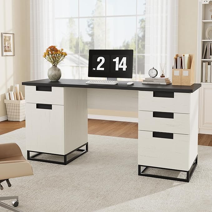 Garvee 59 in Farmhouse Executive Desk, Home Office Desk with File Drawer and Storage Cabinet, Wooden Computer Table with 3 Drawers for Work and Study ，White+Vintage/Black
