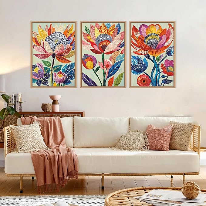 HPINUB Abstract Botanical Floral Framed Canvas Wall Art Set,Colorful Dot Art Modern Flower Wall Decor,Vibrant Blooming Flowers Artwork Eye-Catching Boho Art Print for Living Room,Bedroom-24 x36 x3