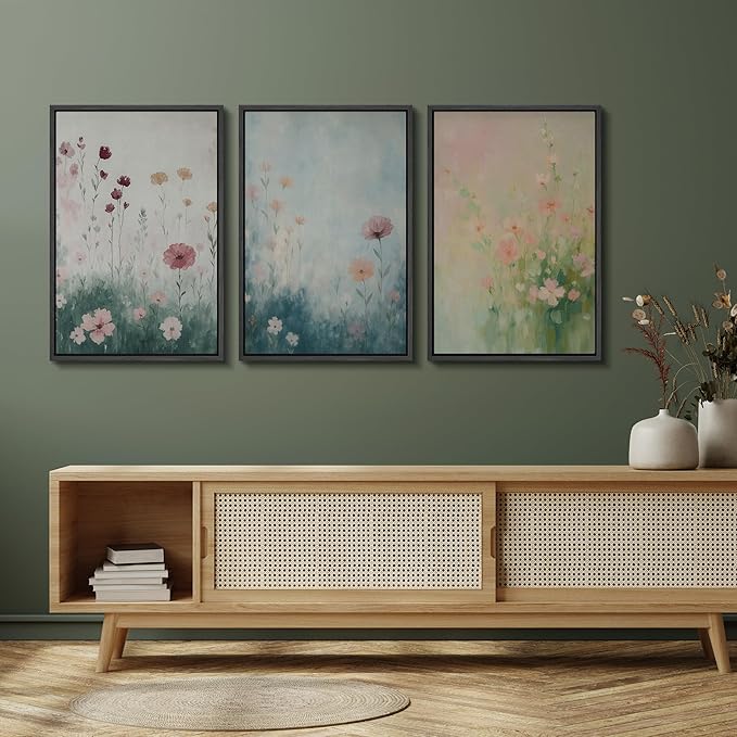 SIGNFORD Framed Wall Art Print Set Pastel Wildflower Meadow Soft Botanical Digital Art Modern Art Contemporary for Living Room, Bedroom, Office - 16"x24"x3 BLACK