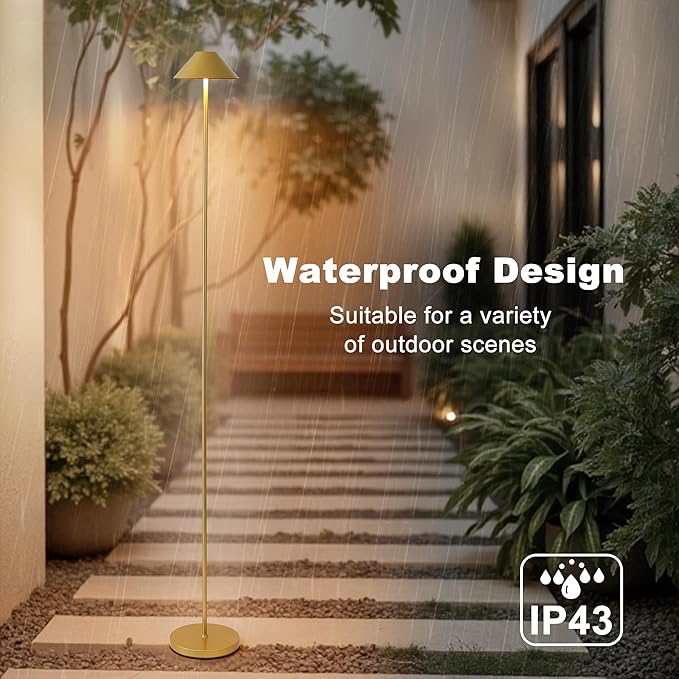 Rechargeable Floor Lamp for Indoor/Outdoor, Cordless Tall Standing Lamp with 3 Color Temps & Dimmable, IP43 Waterproof, Adjustable Height 16-59 Inch, LED Floor Lamp for Living Room, Patio(Gold)