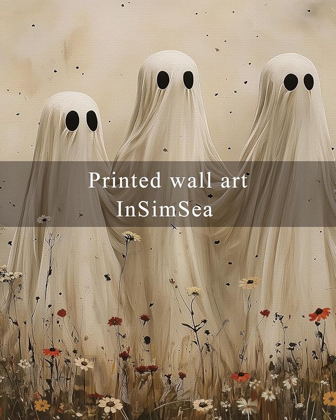 InSimSea Framed Canvas Prints Art Vintage Decor, Cute Ghosts in Wildflower Meadow Painting, Moody Spooky Halloween Fall Wall Art for Living Room Bedroom Bathroom Halloween Wall Decor, 12x16inch