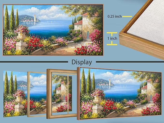 Arjun Large Wood Framed Landscape Wall Art Canvas Living Room Hand Painted, Mediterranean Seascape Painting Bedroom Flower Blue Ocean Picture Artwork Home Office Wall Decor, 48"x24"