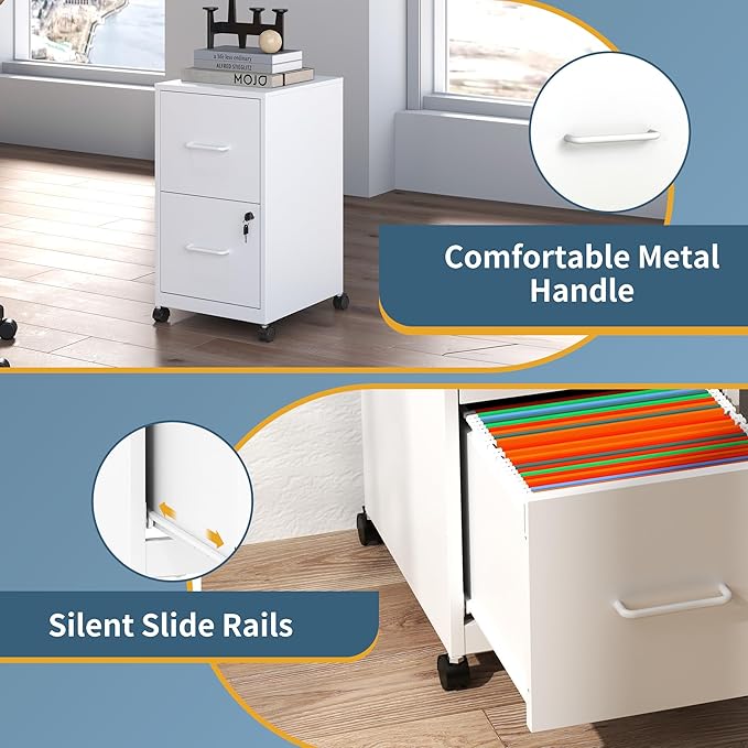 2 Drawer File Cabinet on Wheels, Mobile Filing Cabinets with Lock, Metal Storage Cabinet, Vertical Filing Cabinets for Home Office, Rolling File Cabinets for Under Desk,Amssebly Required,White