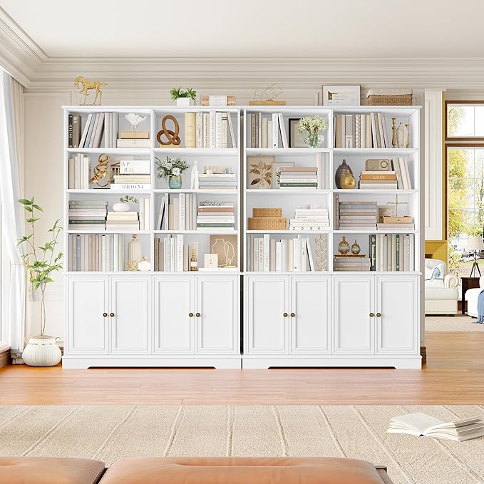 FINETONES 73" White Bookshelf with Doors, 6 Tier Tall Bookshelf Double Wide Bookcases and Bookshelves with Storage, Large Display Cabinets for Home Office,Living Room, Library