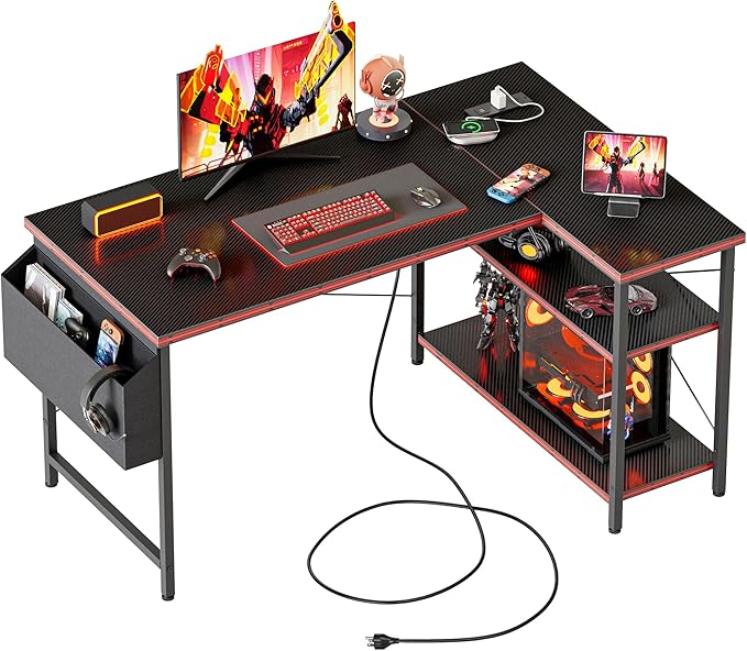 Mericonia Small L Shaped Computer Desk with Power Outlets, Reversible Gaming Desk with Storage Shelves, Corner Gamer Desk Table, Study Writing Table