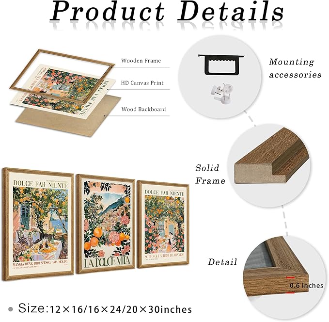 SYWENNOI 3 Pieces Wood Framed Italy Scenes Canvas Wall Art, Tuscan Wall Decor for Living Spaces, Vintage City Landscape Art Poster Prints for Bedroom Dining Room Ready to Hang 20x30x3 inches