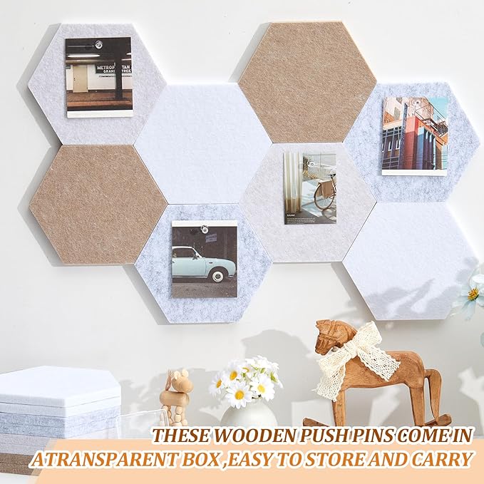 16 Pcs Hexagon Cork Board for Walls with 50 Wooden Push Pins 6.7 x 5.9 in Felt DIY Tiles Notice with Nano Tape Hanging Bulletin Board for Home Photo Office Memo Note(Light Camel)