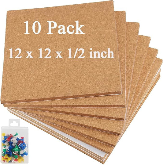10 Pack Cork Board Tiles, 12 x 12 x 1/2 inch Bulletin Board Cork Panels, Cork Tiles with Self Adhesive for Wall Pictures, Notes, Office, Room, Home Decor