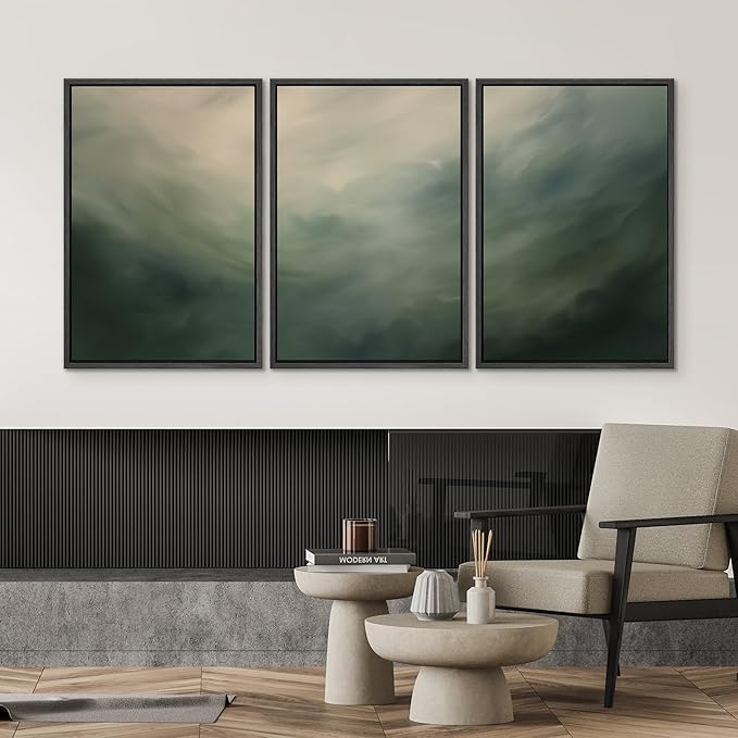 SIGNWIN Framed Canvas Print Wall Art Set Green Abstract Cloudy Landscape Illustrations Modern Art Decorative Boho Relax/Zen Nordic for Living Room, Bedroom, Office - 16"x24"x3 Black