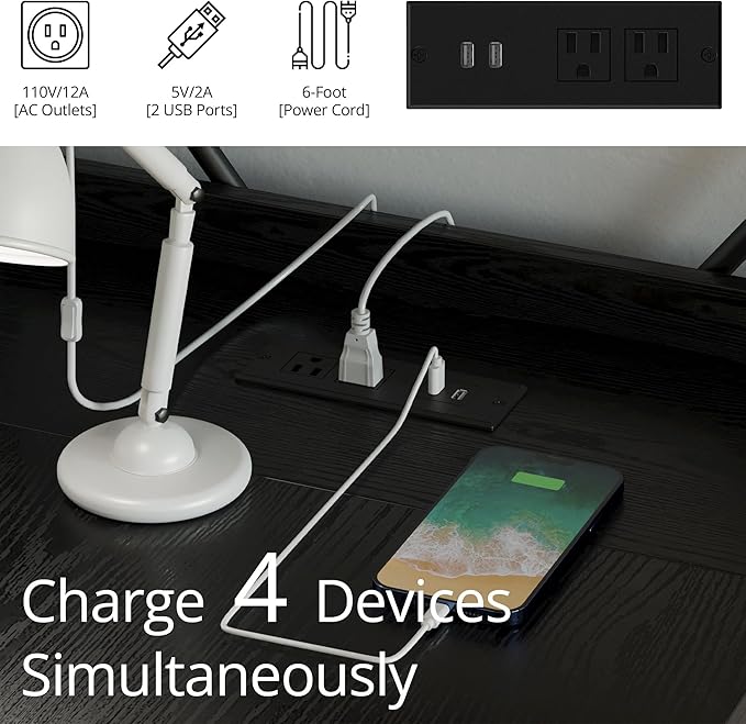 IRONCK Computer Desk 47" with Power Outlet and Storage Shelves, Study Writing Table with USB Ports Charging Station, PC Desk Workstation for Home Office, Black