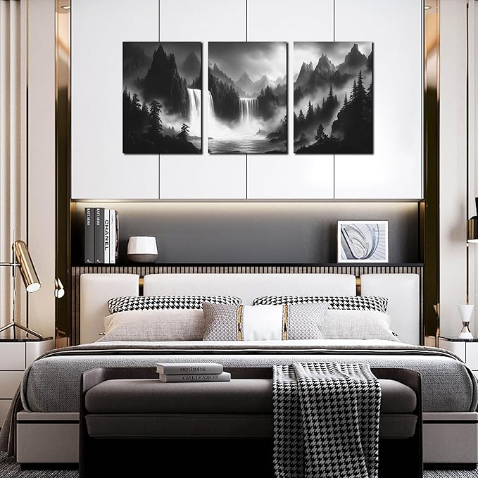 Waterfall Pictures Wall Art for Office - Black and White Canvas Wall Art for Living Room - 3 Piece Mountains Wall Art for Bedroom 16" x 24"
