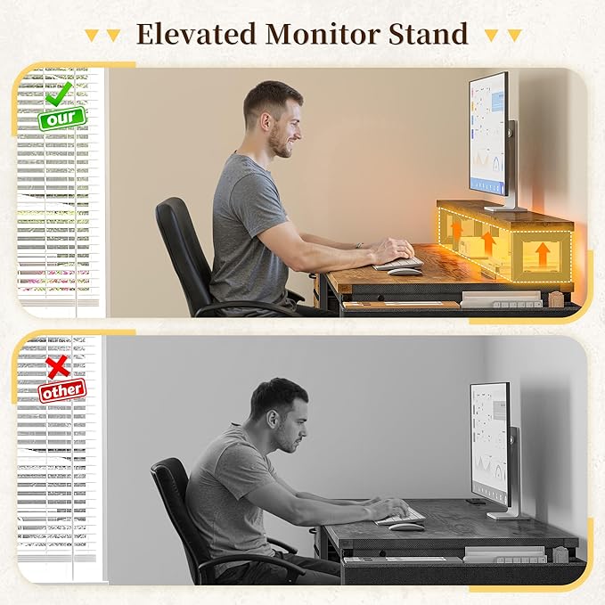 48" Computer Desk with LED Strip, Gaming Desk with Drawers & Storage Bag, Office Desk with Power Outlets & Monitor Stand, Home Office Desks for Bedroom, Gaming Room, Rustic Brown
